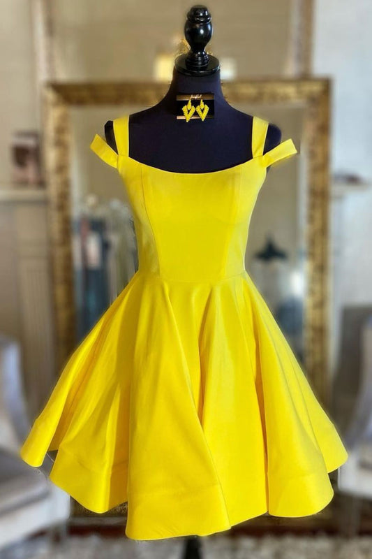 Simple yellow satin short prom dress yellow cocktail dress