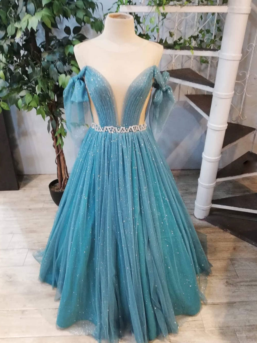 Green round neck tulle sequin long prom dress, green evening dress