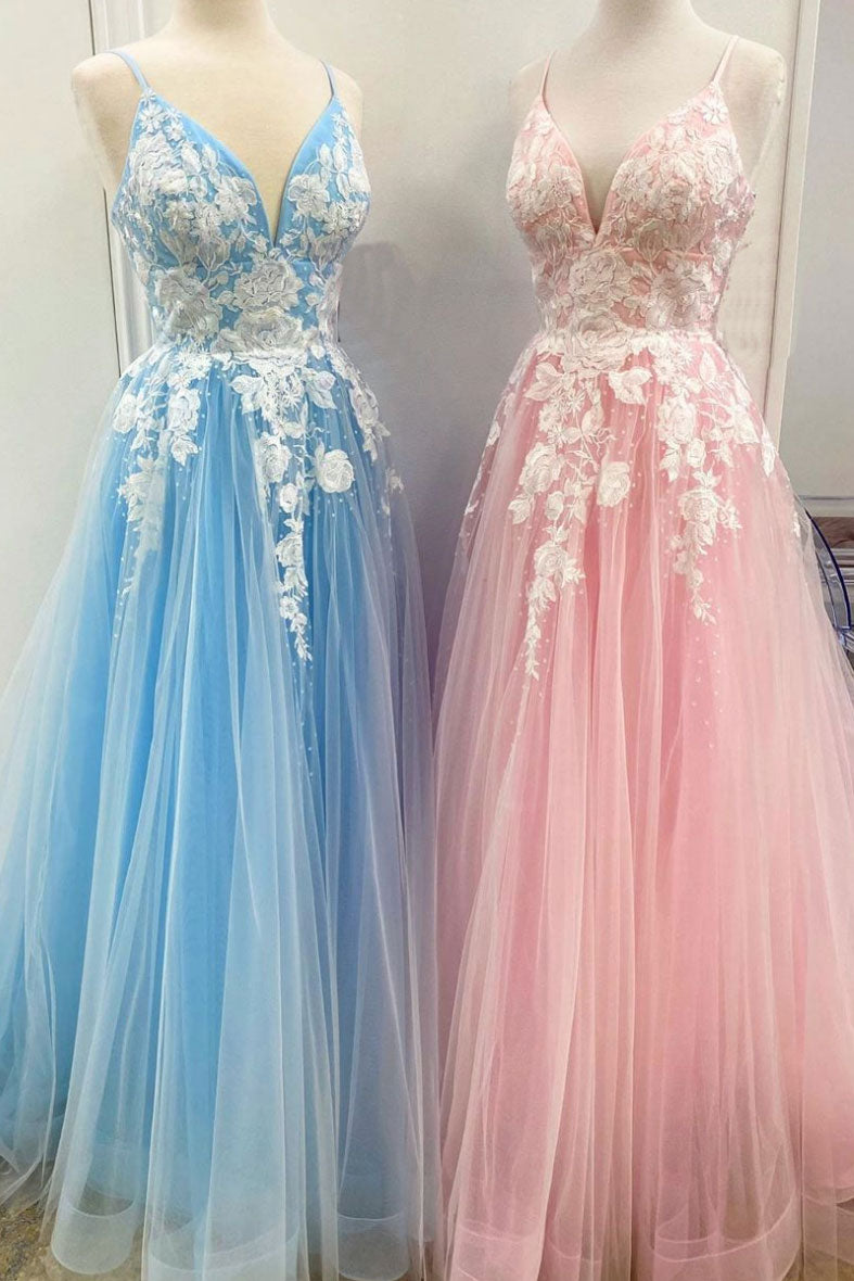Blue tulle lace long prom dress tulle lace formal dress