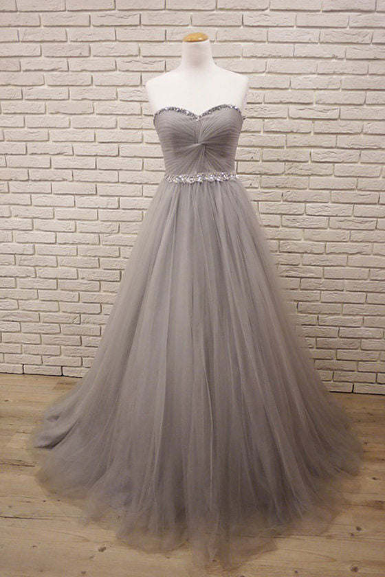 Gray sweetheart neck tulle long prom dress, gray evening dress