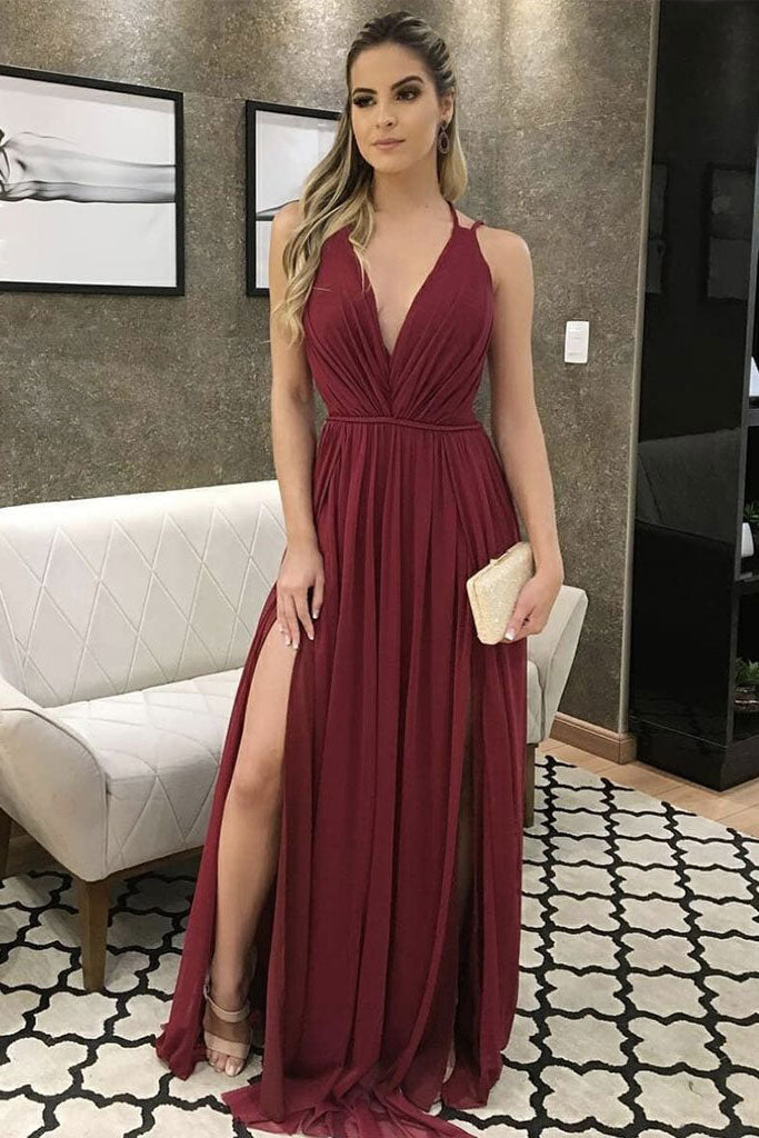 Simple v neck burgundy tulle long prom dress, formal dress