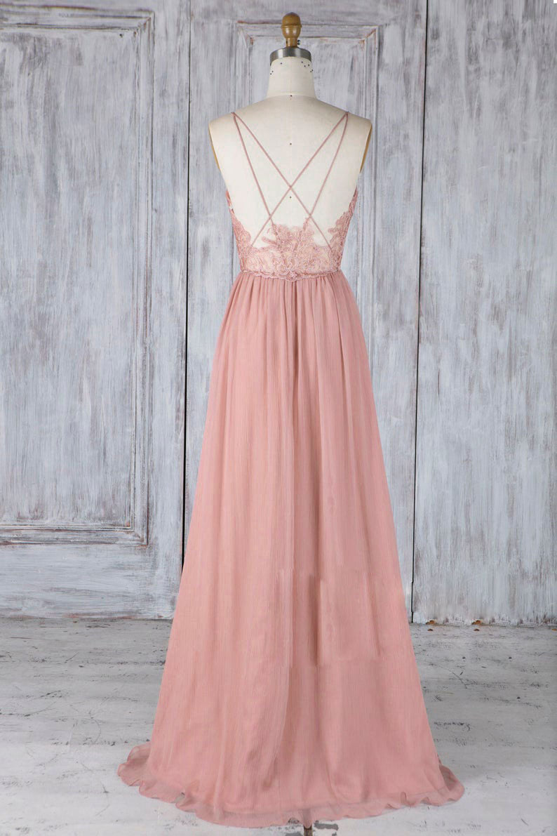 Pink chiffon lace long prom dress pink lace bridesmaid dress dresstby Pink chiffon lace long prom dress pink lace bridesmaid dress dresstby