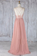 Pink chiffon lace long prom dress pink lace bridesmaid dress