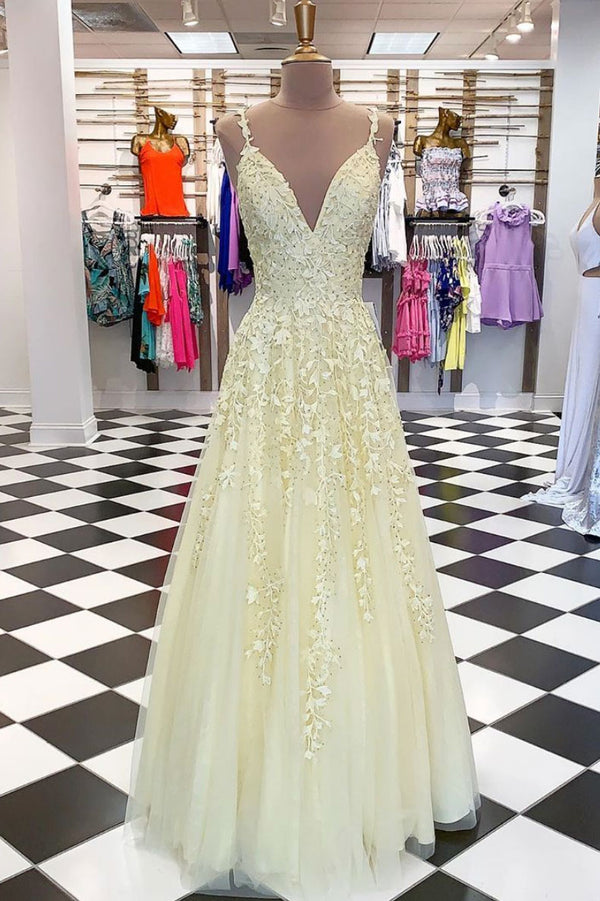 Yellow tulle lace long prom dress, yellow evening dress