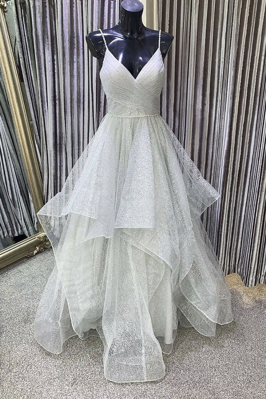 Gray v neck tulle sequin long prom dress gray evening dress