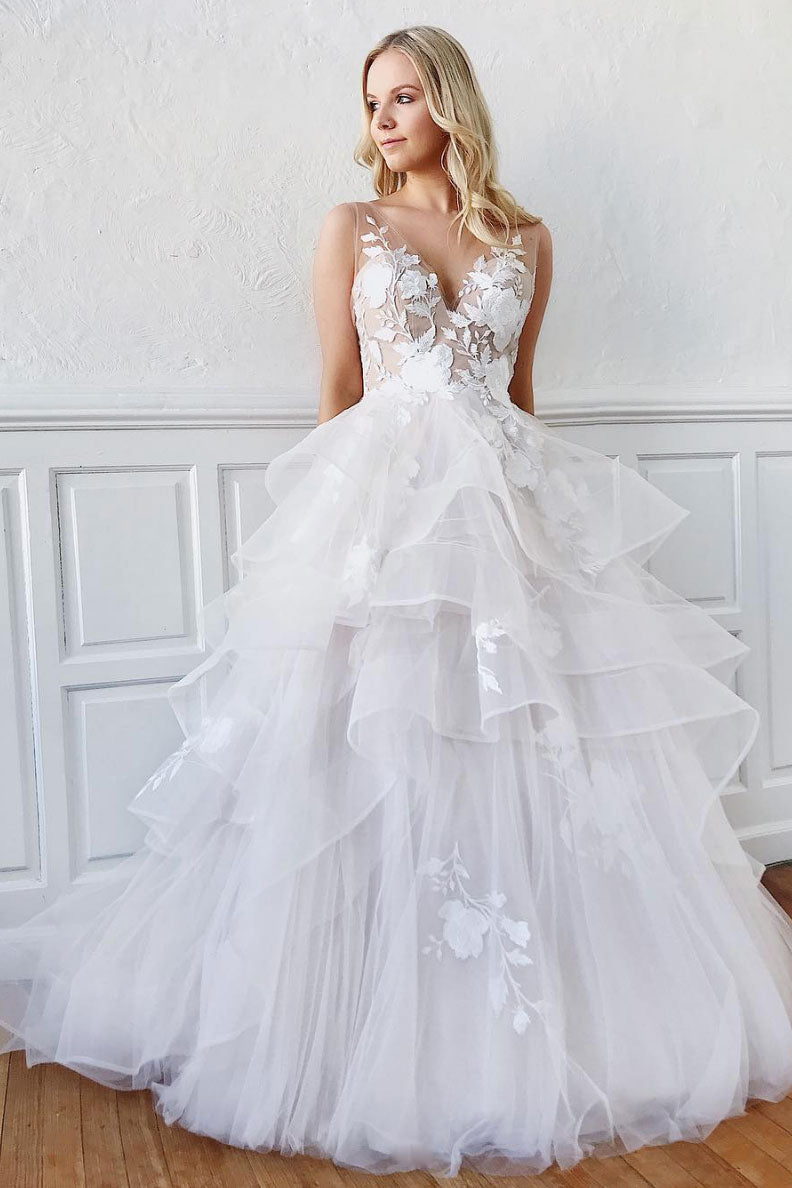 White v neck tulle lace long prom dress, white tulle evening dress