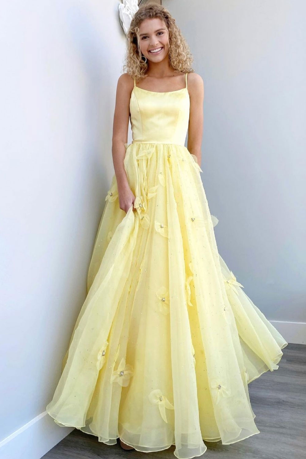 Yellow tulle long prom dress yellow formal dress