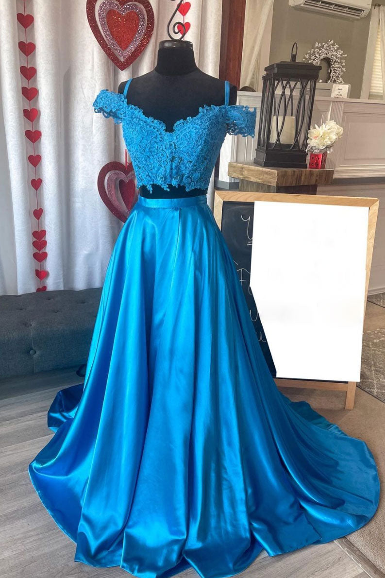 Blue two pieces lace satin long prom dress lace formal dress
