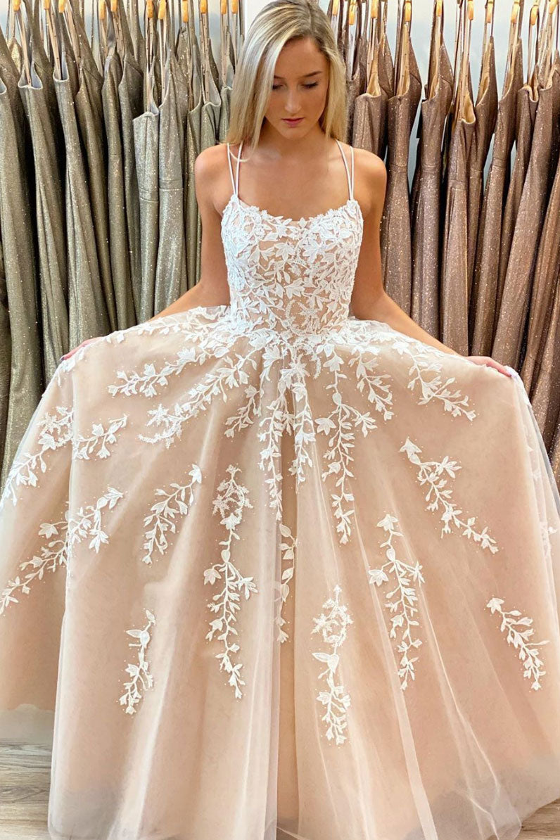 Champagne tulle lace long prom dress champagne evening dress