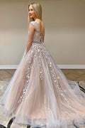 Champagne tulle lace long prom dress champagne evening dress