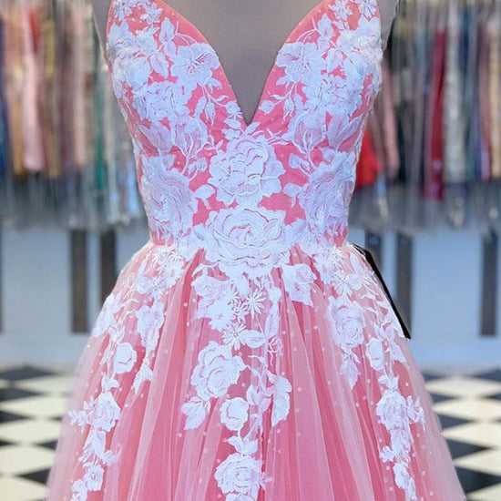 Pink v neck tulle lace long prom dress pink tulle lace evening dress   dresstby