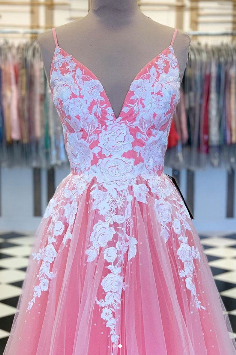 Pink v neck tulle lace long prom dress pink tulle lace evening dress