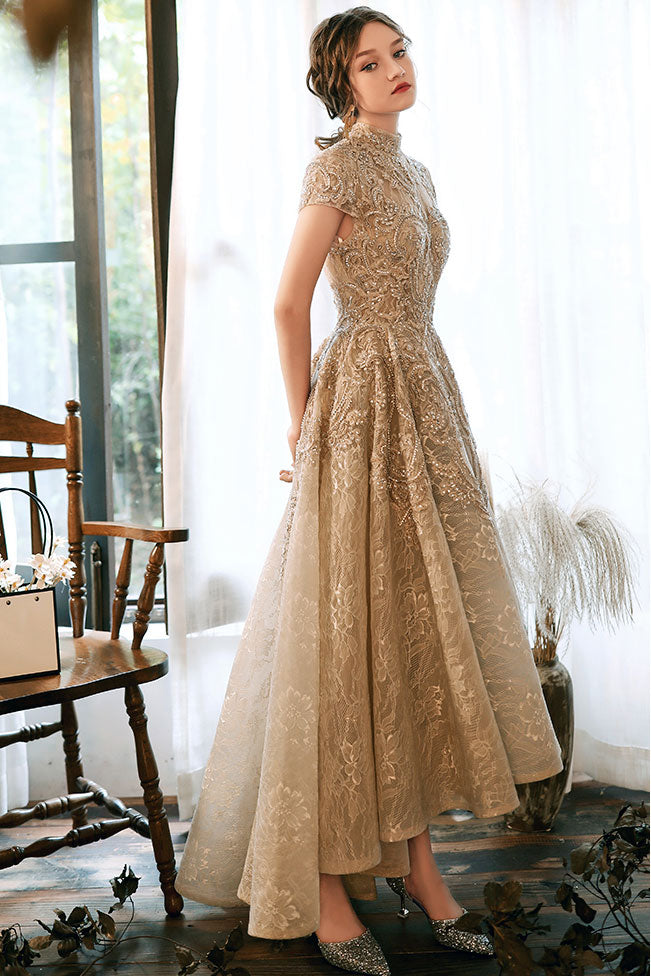 Light champagne lace satin prom dress champagne evening dress dresstby Light champagne lace satin prom dress champagne evening dress dresstby