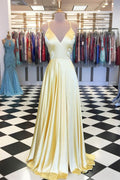 Simple yellow satin long prom dress, yellow evening dress