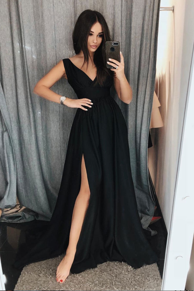 Simple black v neck satin long prom dress, black evening dress