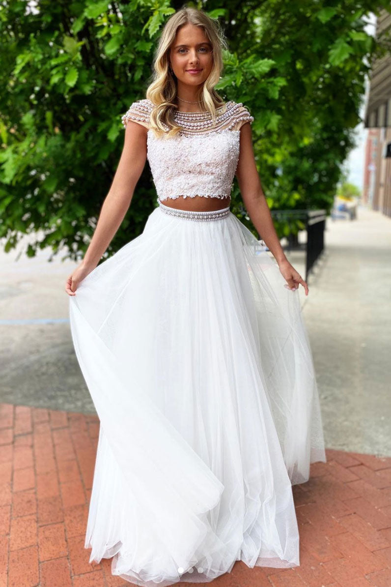 White round neck tulle lace two pieces long prom dress white formal dress
