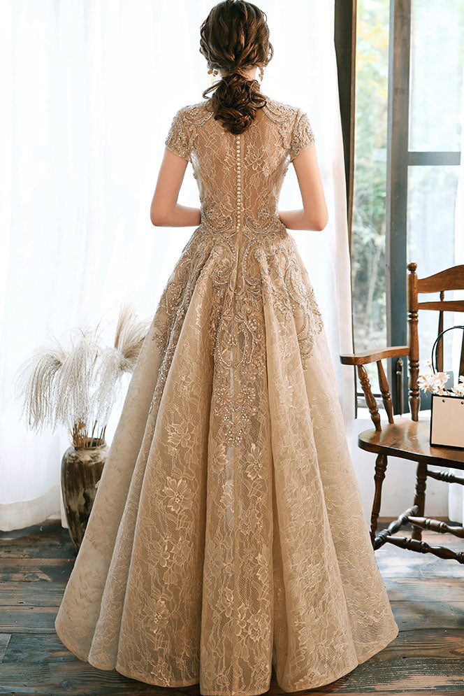 Champagne lace outlet prom dress