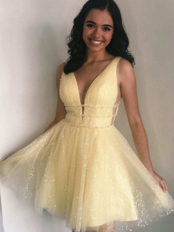 Yellow v neck tulle beads short prom dress yellow homecoming dress