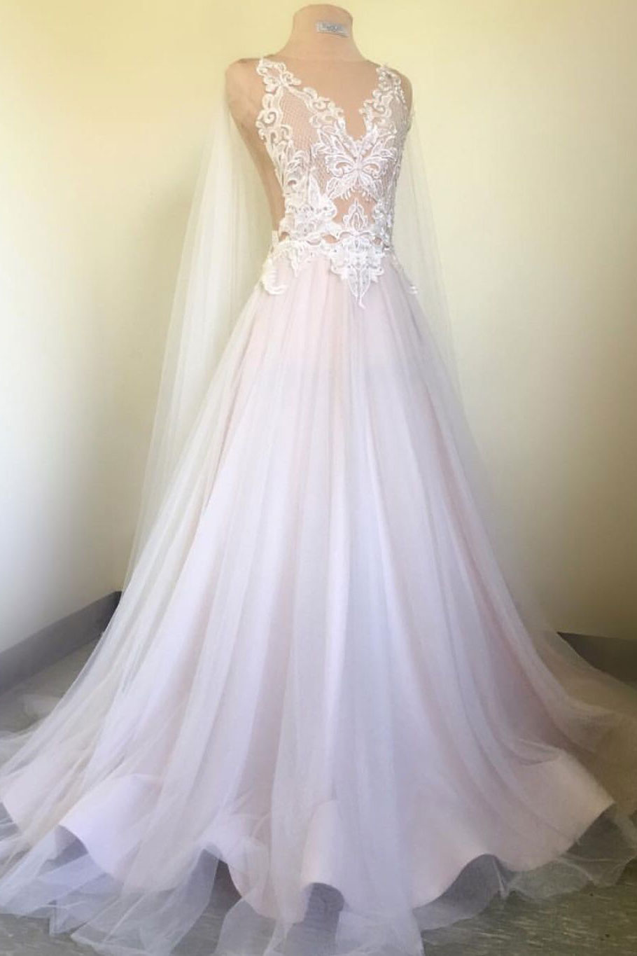 White v neck lace applique long prom dress, white wedding dress