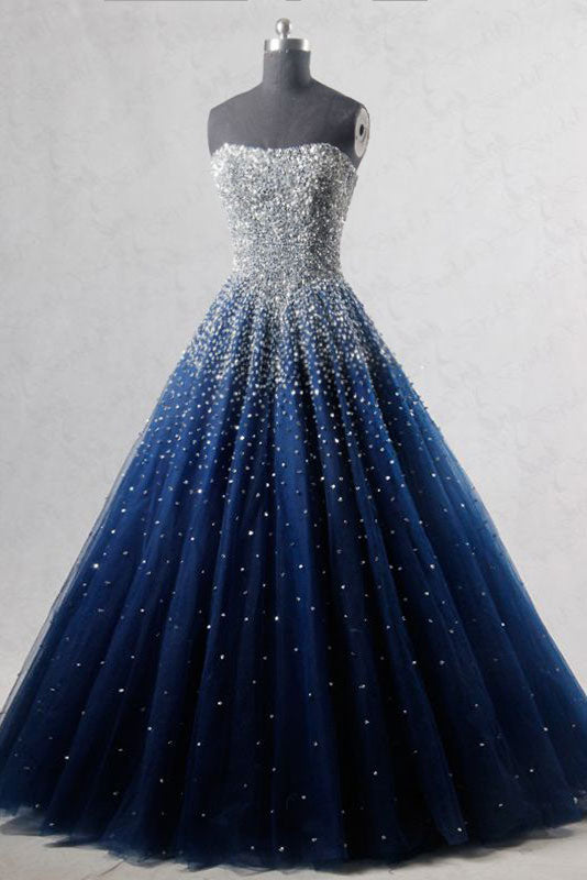 Blue sweetheart sequin tulle long prom dress, blue evening dress