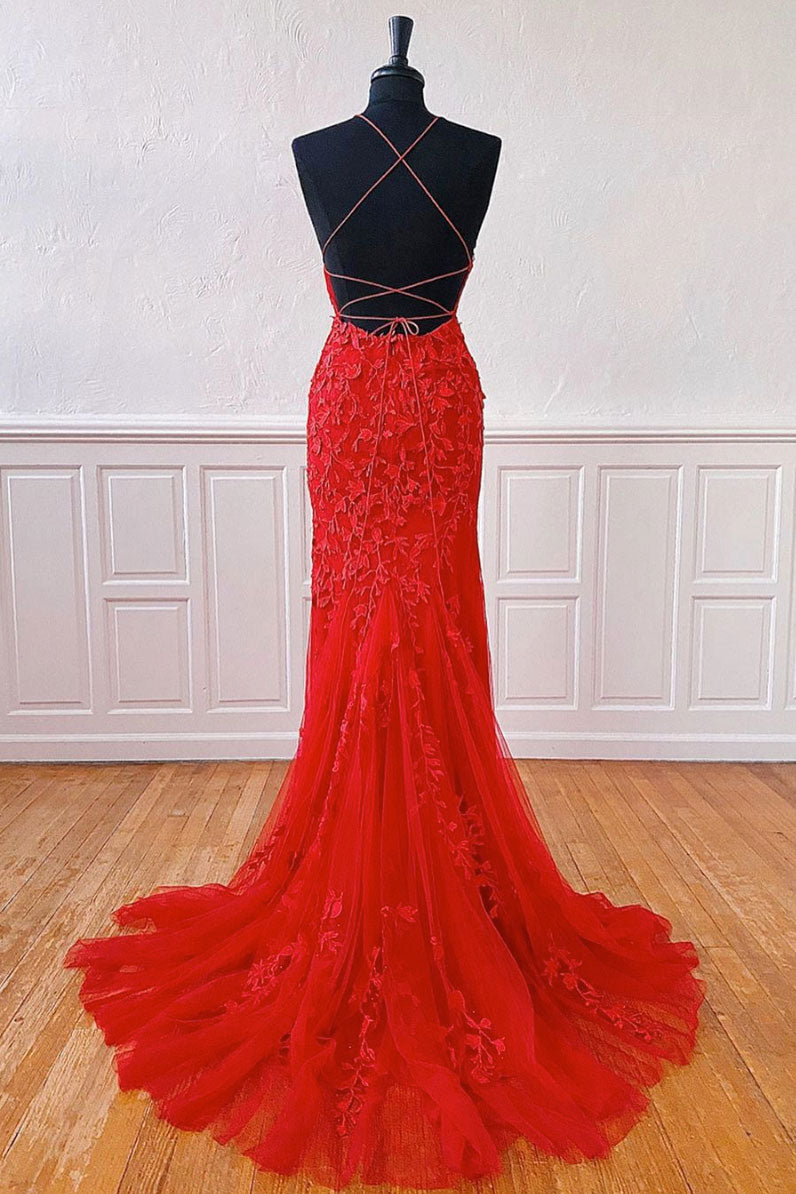 Red lace mermaid long prom dress lace mermaid evening dress