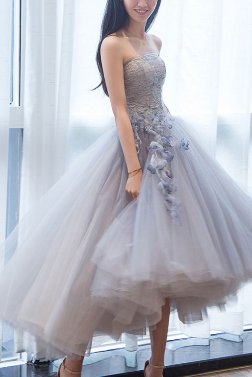 Gray sweetheart tulle lace short prom gown, gray lace cocktail dress