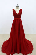 Burgundy v neck lace chiffon long prom dress, burgundy bridesmaid dress