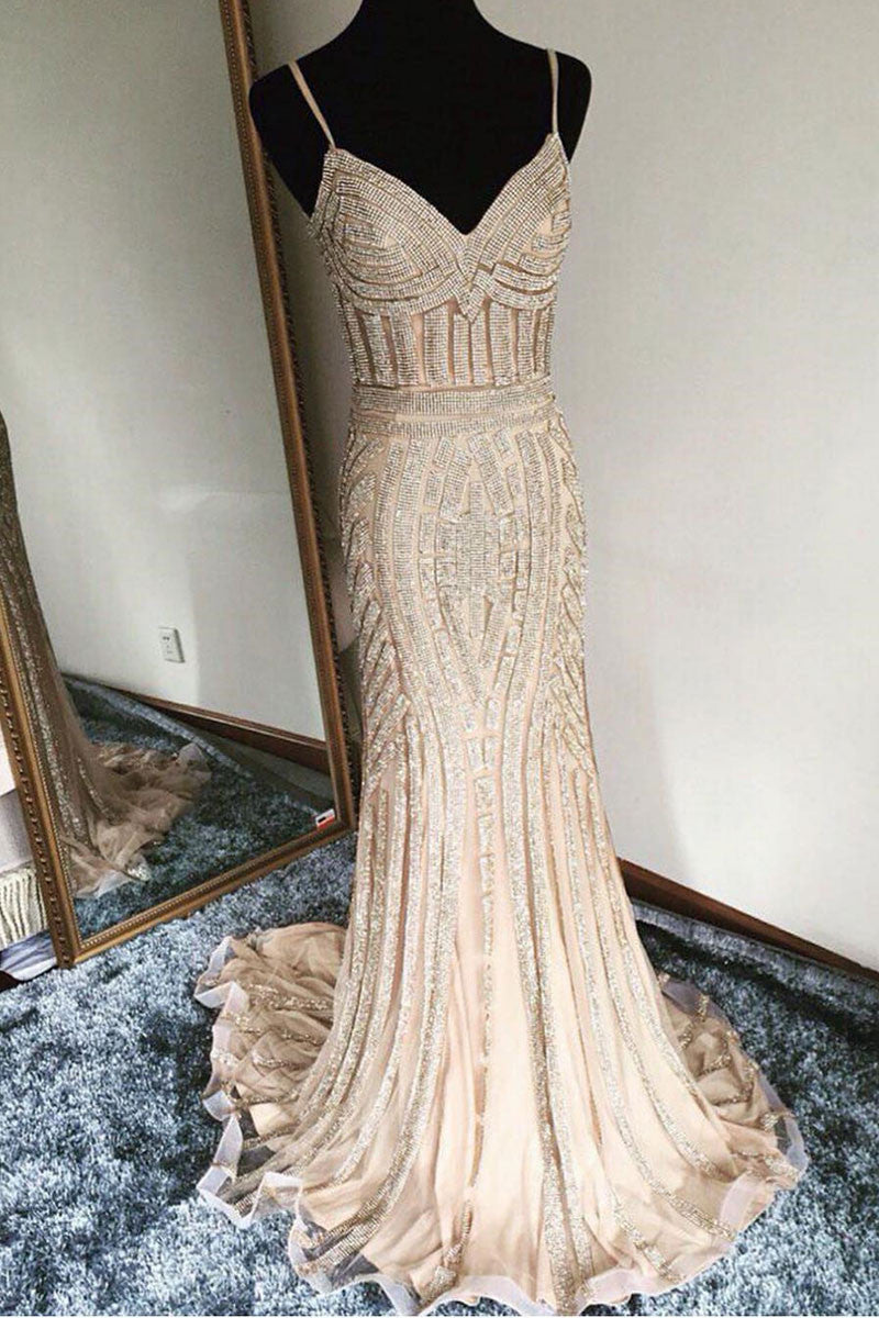 Unique champagne mermaid long prom dress, evening dress
