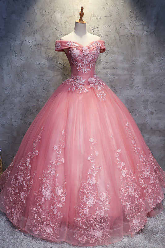 Pink sweetheart off shoulder lace tulle long prom gown sweet 16 dress