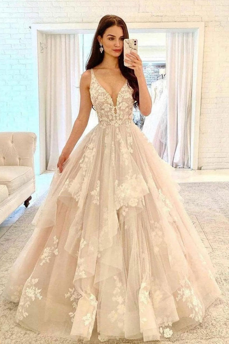 Champagne v neck tulle lace long prom dress lace formal dress