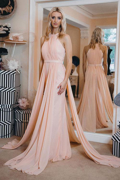 Simple chiffon pink long prom dress, pink evening dress