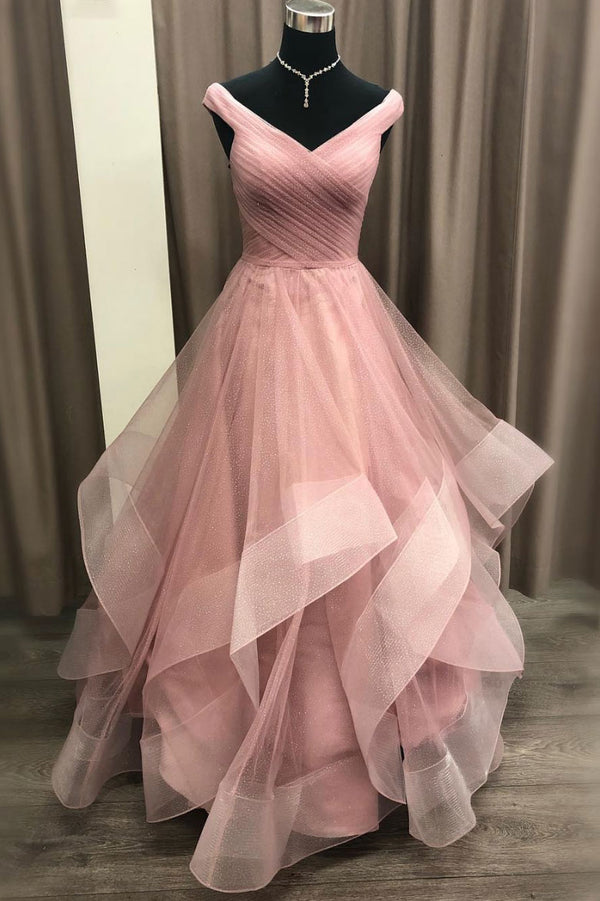 Pink off shoulder tulle long prom dress, pink tulle evening dress