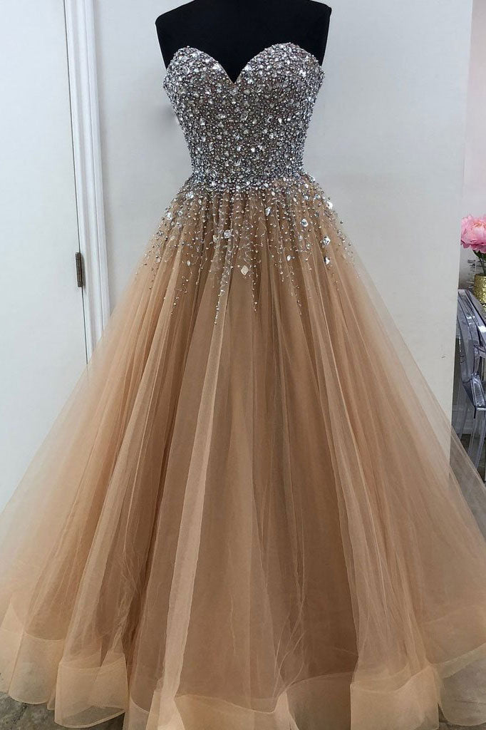Champagne sweetheart tulle sequin long prom dress, champagne evening dress