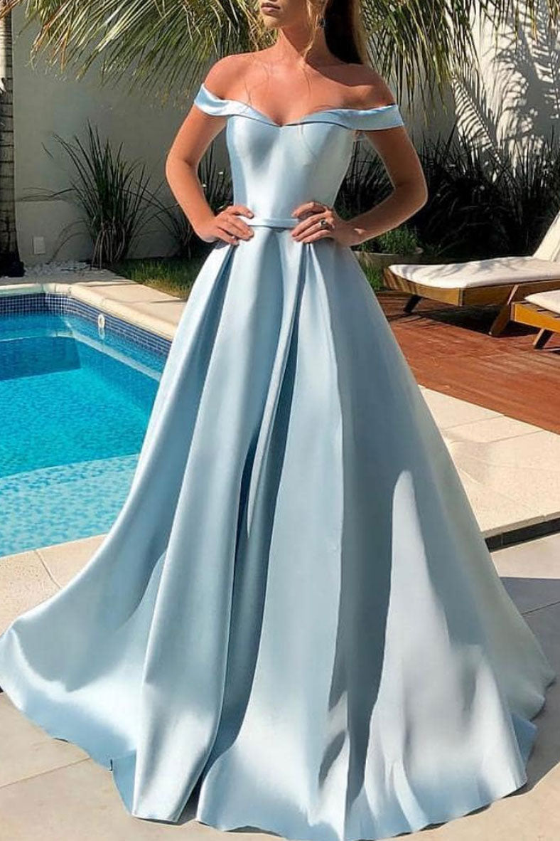 Simple blue off shoulder satin long prom dress blue evening dress