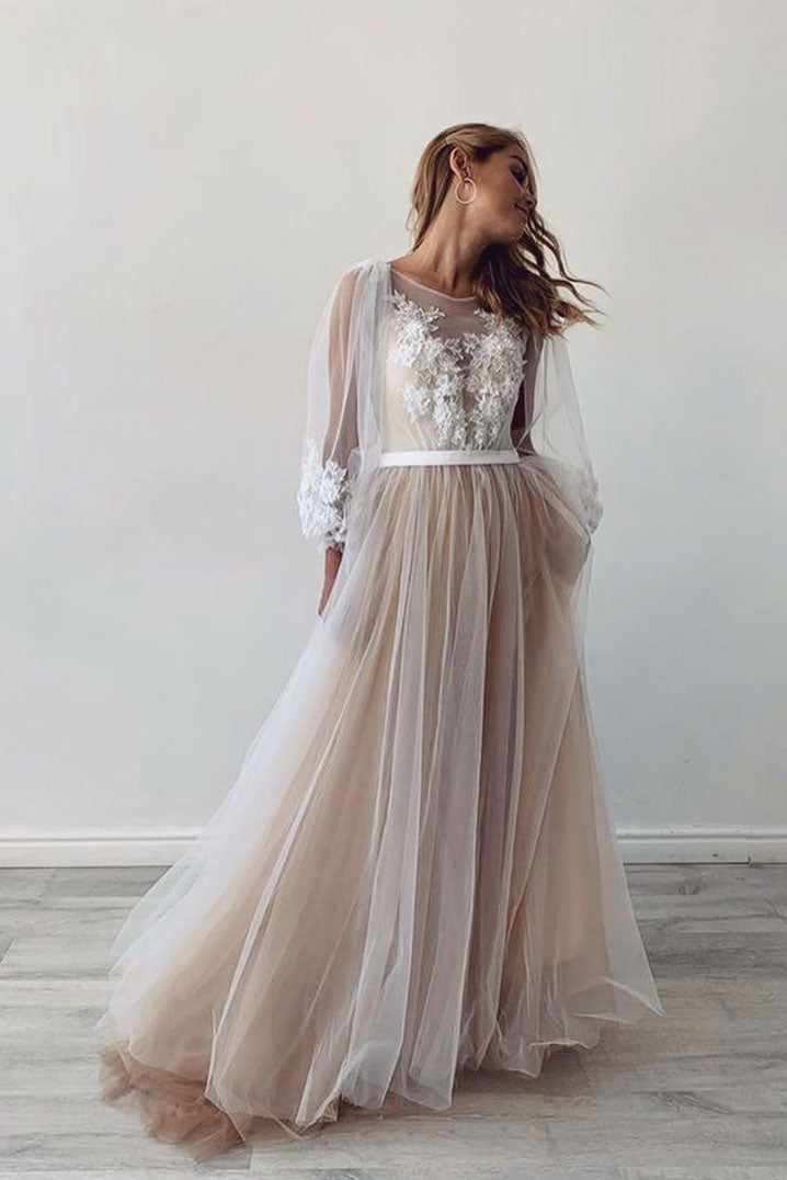 Champagne tulle lace long prom dress lace evening dress