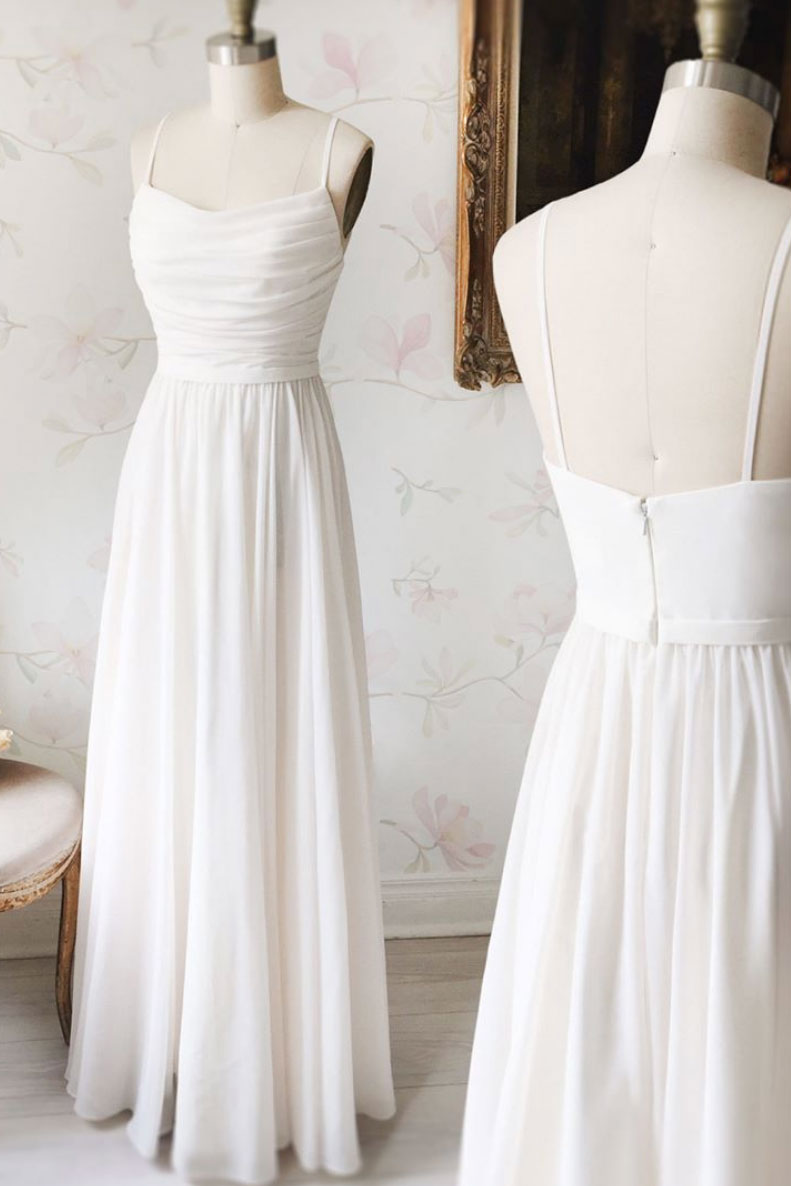 Simple white chiffon long prom dress, white evening dress