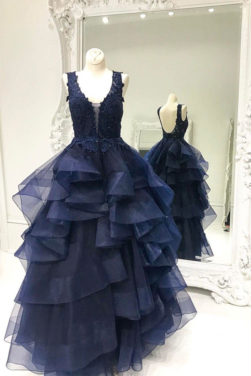 Unique dark blue tulle lace prom dress, dark blue evening dress