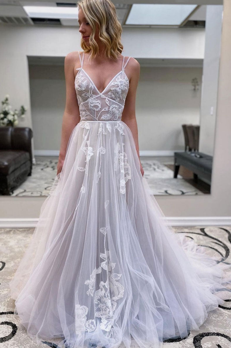 Gray v neck tulle lace long prom dress gray tulle evening dress