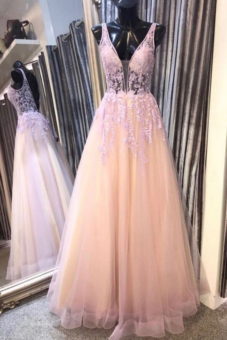 Pink v neck tulle lace long prom dress, pink lace evening dress