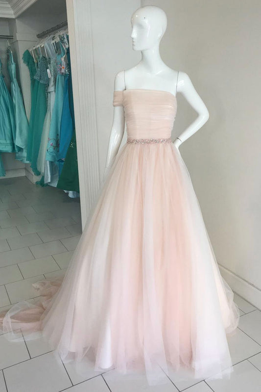 Simple champagne tulle long prom dress, champagne evening dress