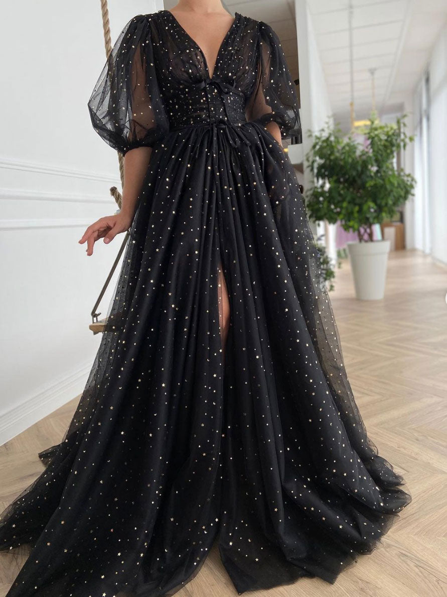 Black v neck tulle long prom dress, black evening dress – dresstby