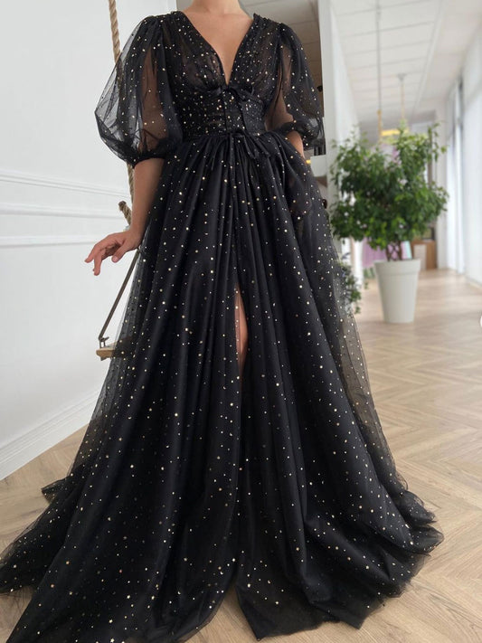 Black v neck tulle long prom dress, black evening dress
