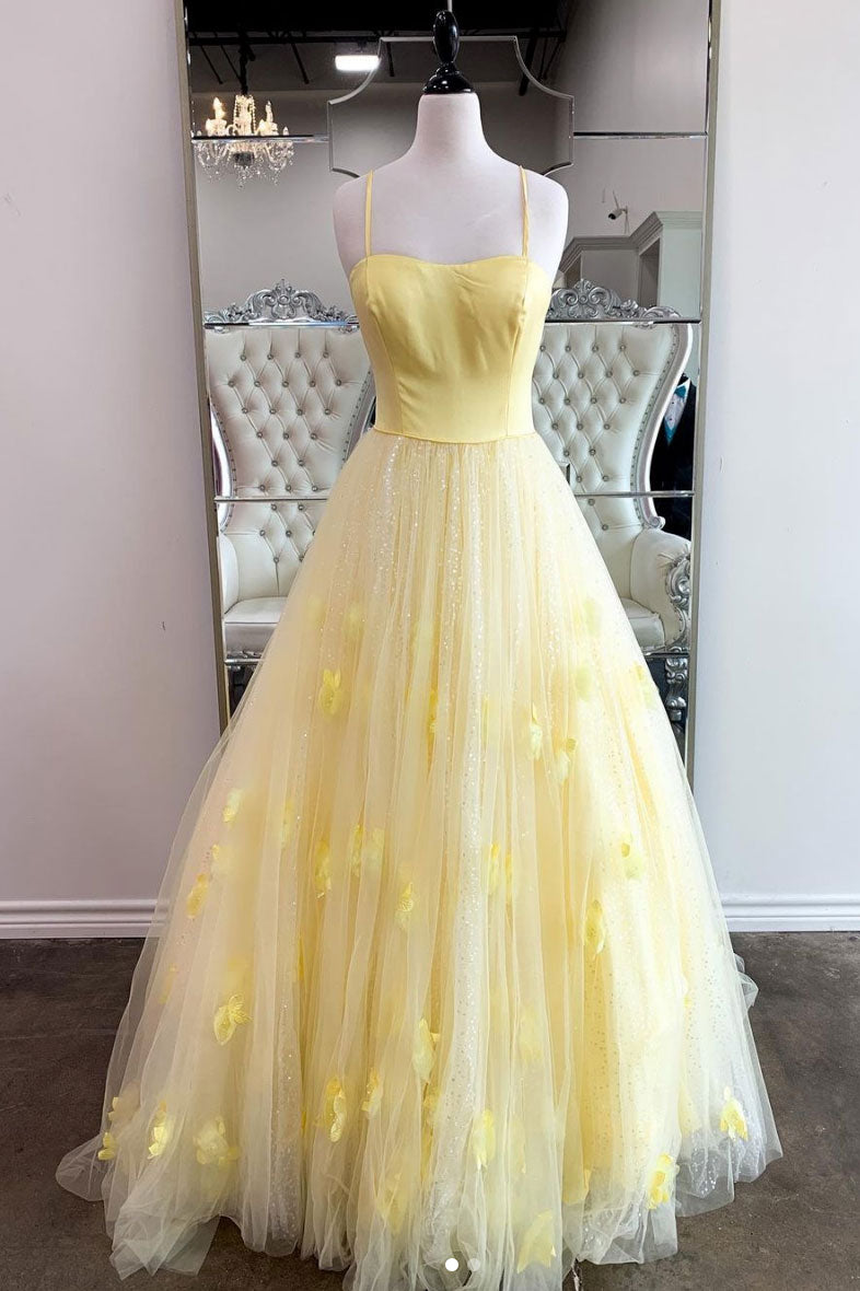 Yellow tulle sequin long prom dress, yellow tulle formal dress