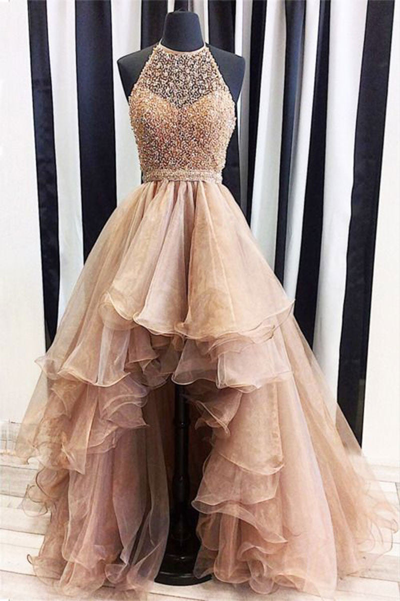 Champagne tulle beads high low prom dress, champagne evening dress
