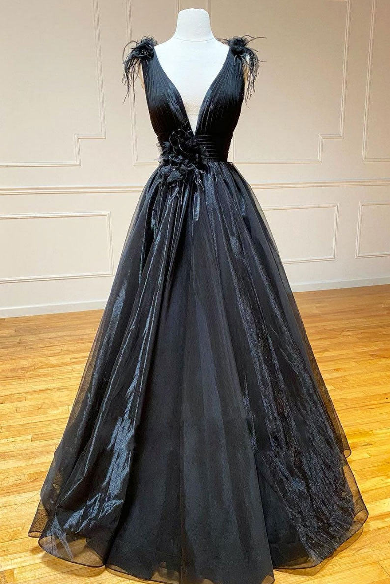 Black v neck tulle lace long prom dress black tulle formal dress