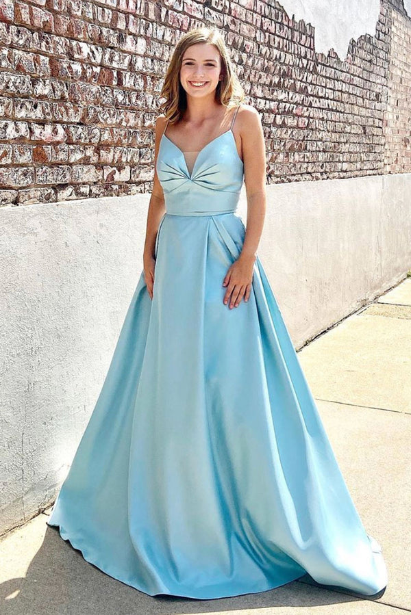 Blue v neck satin long prom dress, blue long evening dress