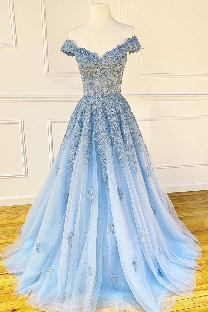 Blue sweetheart off shoulder lace tulle long prom dress lace formal dr ...