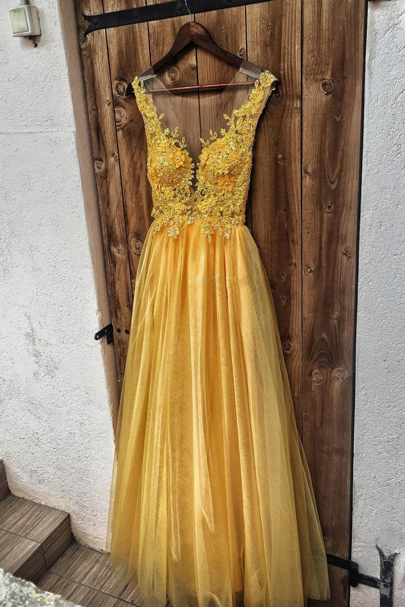 Yellow lace tulle long prom dress, yellow evening dress