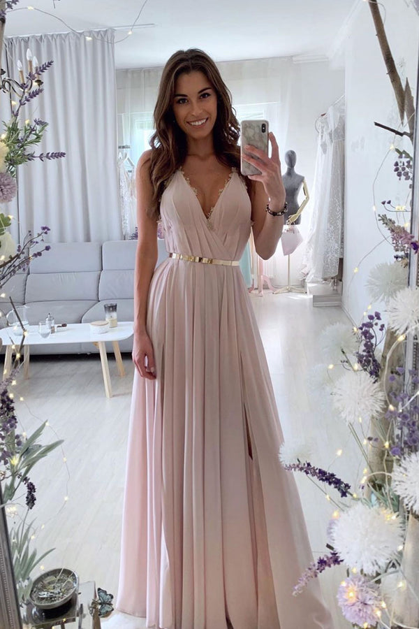 Pink v neck chiffon long prom dress pink long evening dress