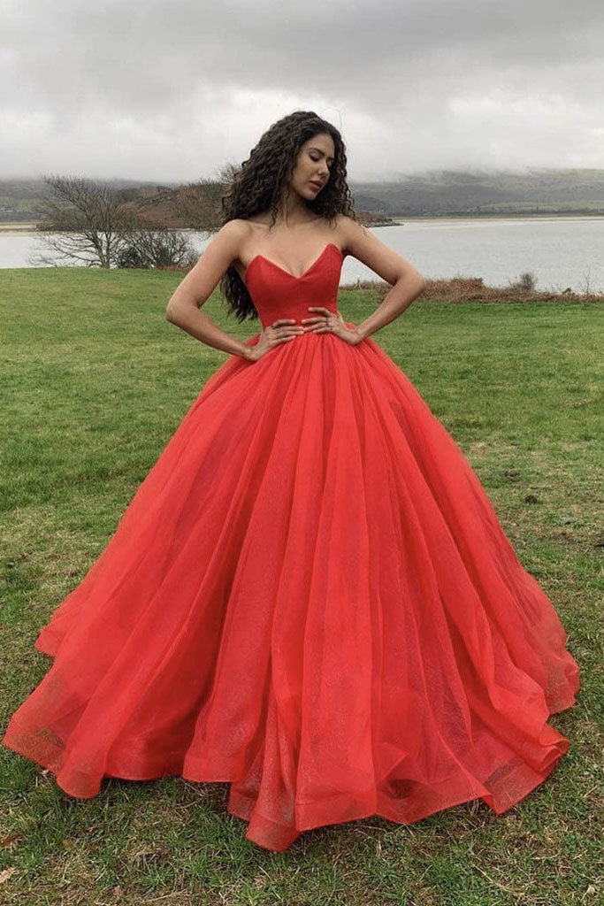 Red sweetheart tulle long prom dress red formal dress